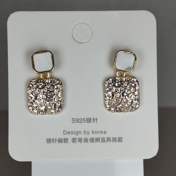 Gold Tone Metal Colorless Rhinestones Pearl Tone Stud Dangle Drop Earrings S925 - Picture 3 of 16